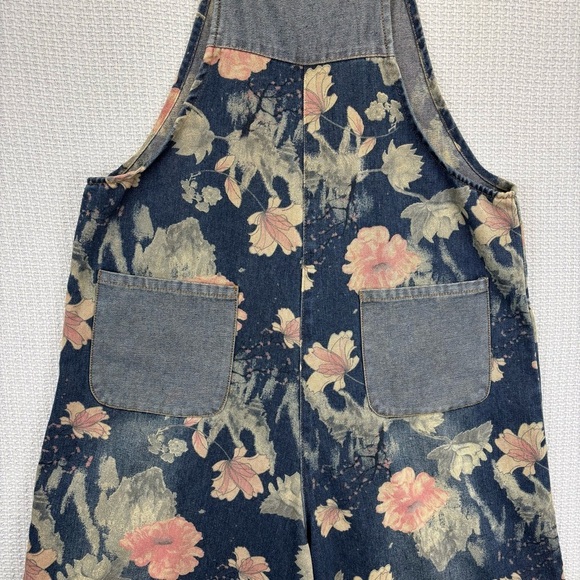 COWOKA Boho Floral Denim Bib Overalls Loose Wide Leg Jumpsuit Suspenders Small - Picture 4 of 13